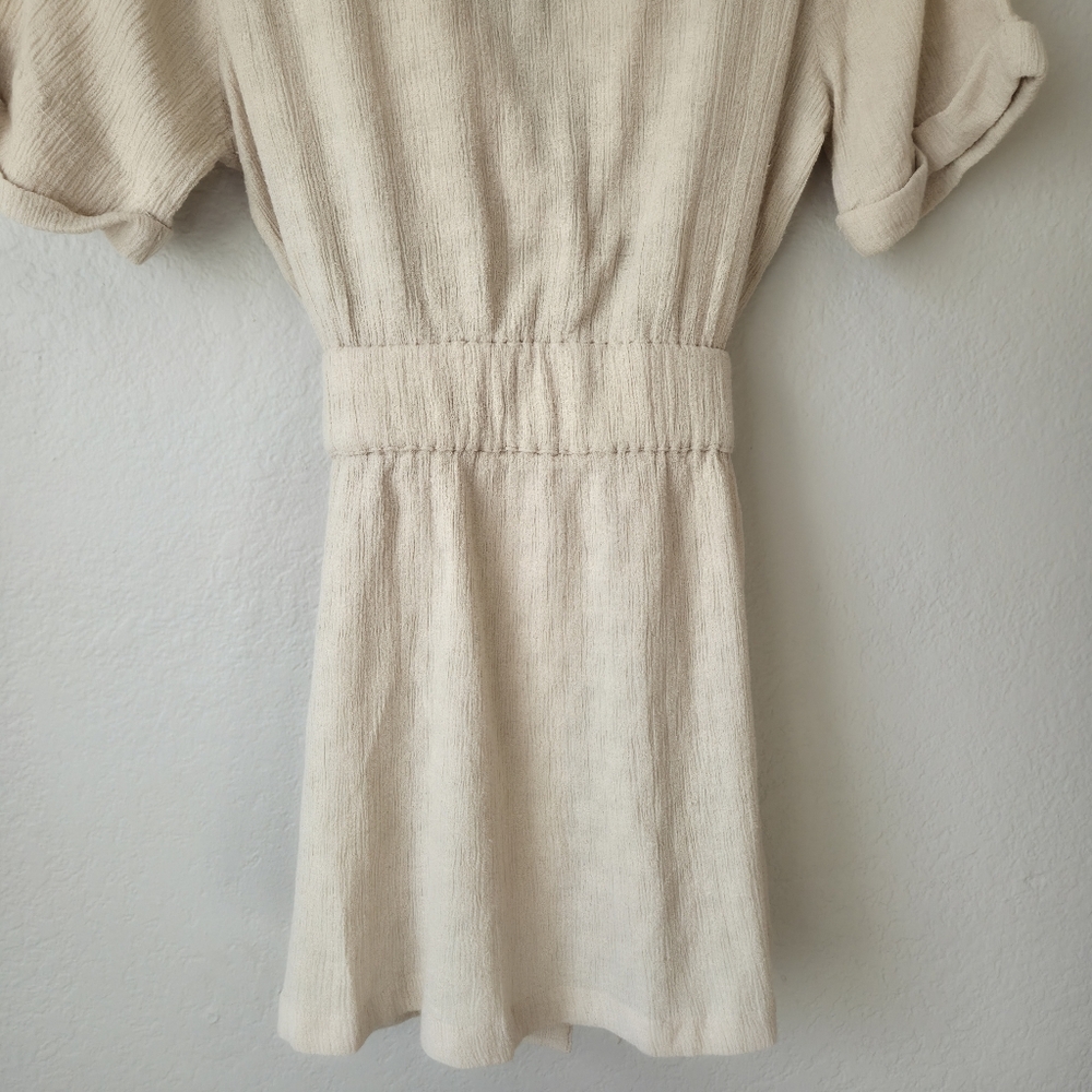 Free People Clementine Linen Mini Dress XS Cream Textured Wrap Collared Belted - Picture 2 of 13